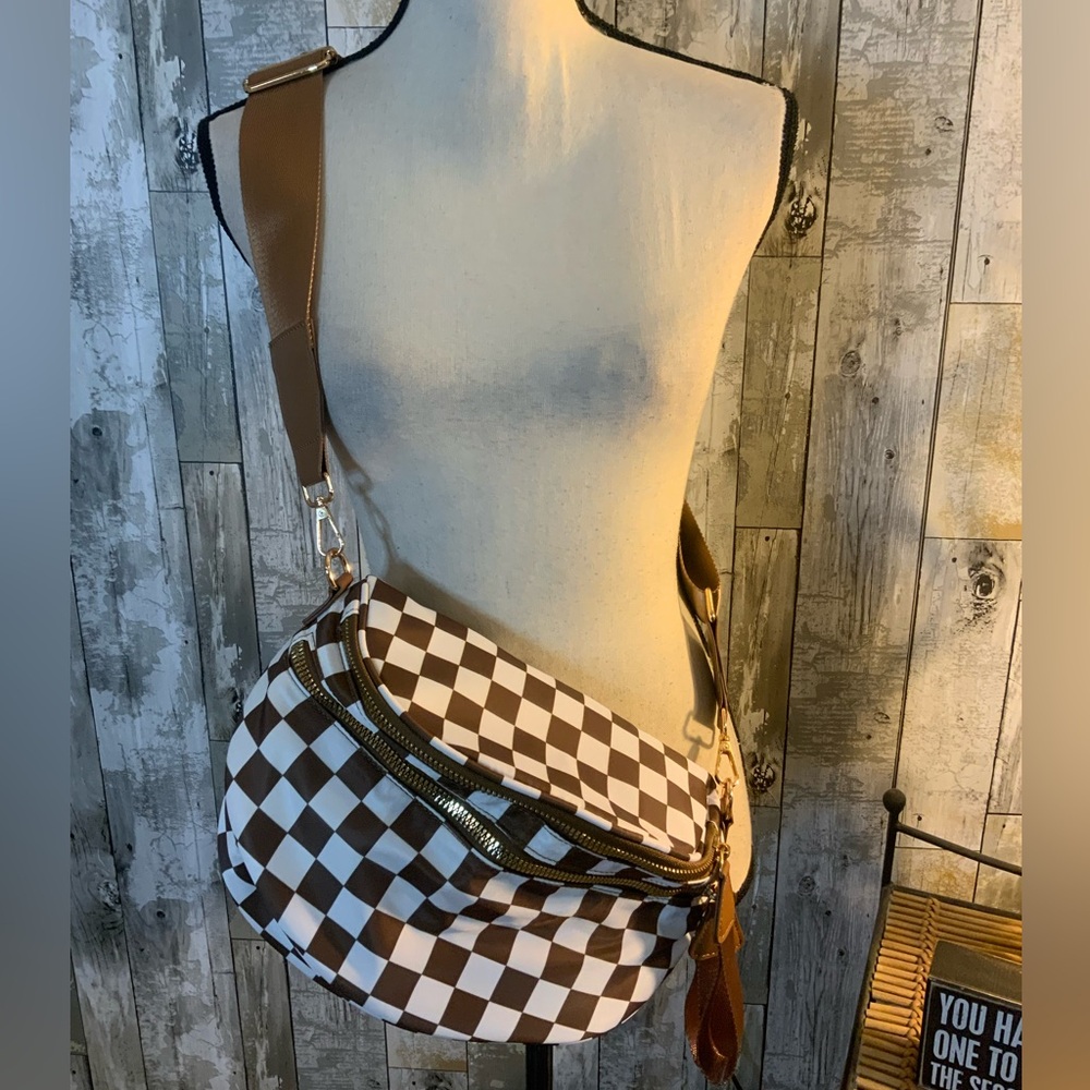 Unk Brown and White Checkered Crossbody Bag
